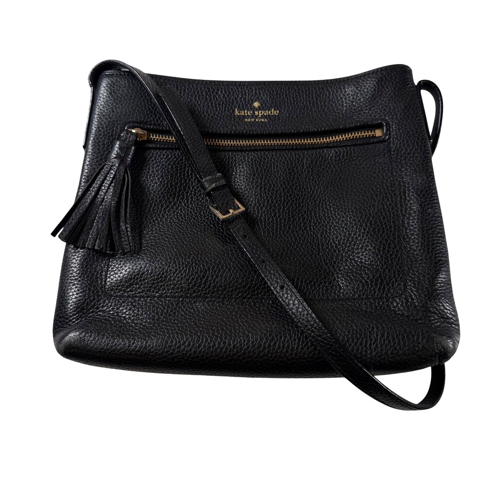Kate Spade New York Black Pebbled Leather Crossbody Bag Tassel Gold Tone